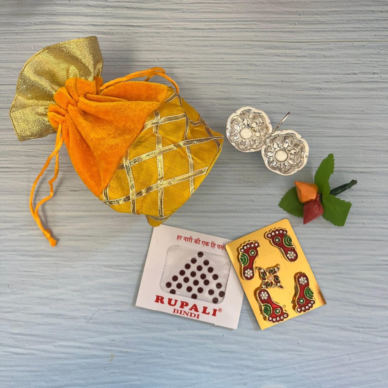 Varalakshmi Vratham Gift Hamper Navaratri Vratha Hindu Religious Teej Karva Chauth Sankranti Pooja Housewarming Return Gifts - Potli Bags Haldi Kumkum Pack & Holder Lakshmi Feet Bindi